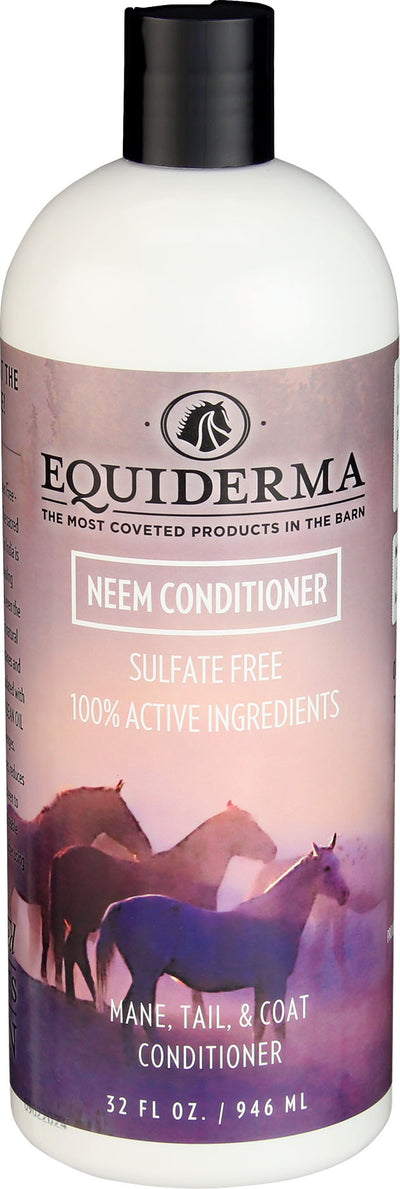 Front view of a white bottle with a black cap labeled Equiderma Neem Conditioner, 32 fl oz.