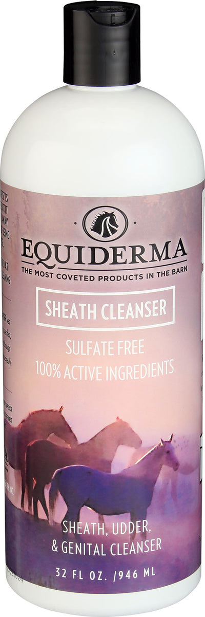 Front view of a white bottle with a black cap labeled Equiderma Sheath Cleanser, 32 fl oz.