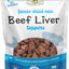 Front view of Fieldcrest Farms freeze-dried raw beef liver toppers in a white and blue package.