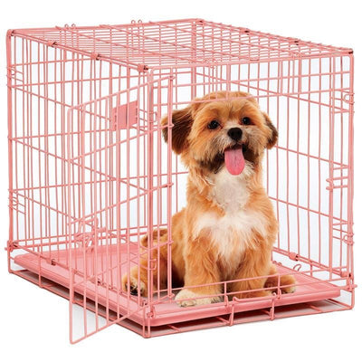 MidWest Homes for Pets Single Door iCrate 24" Pink Folding Metal Dog Crate w/ Divider Panel, Floor Protecting "Roller" Feet & Leak Proof Plastic Tray; 24L x 18W x 19H Inches, Small Dog Breed