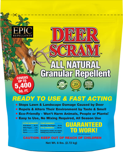Front view of a yellow, green, and blue packaged product labeled Deer Scram All Natural Granular Repellent, 6 lbs.