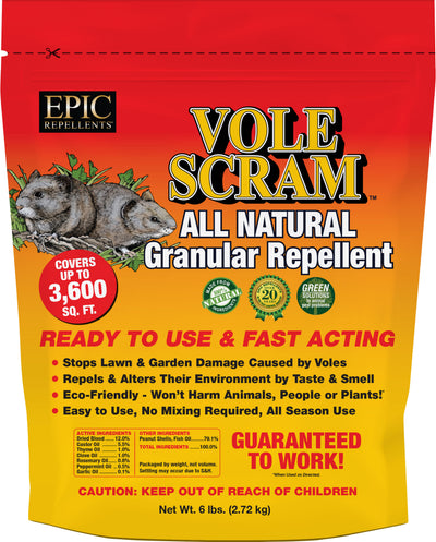 Front view of a red and yellow packaged product labeled Vole Scram All Natural Granular Repellent.