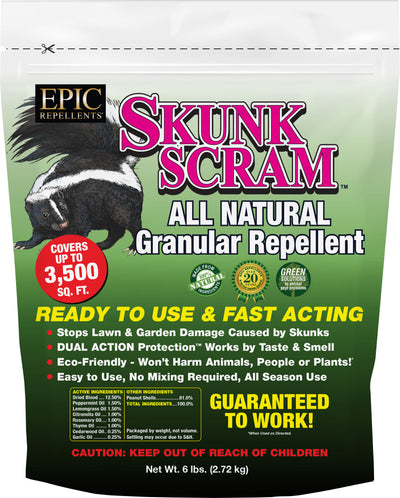 Front view of a packaged product: Epic Repellents Skunk Scram All Natural Granular Repellent, 6 lb.