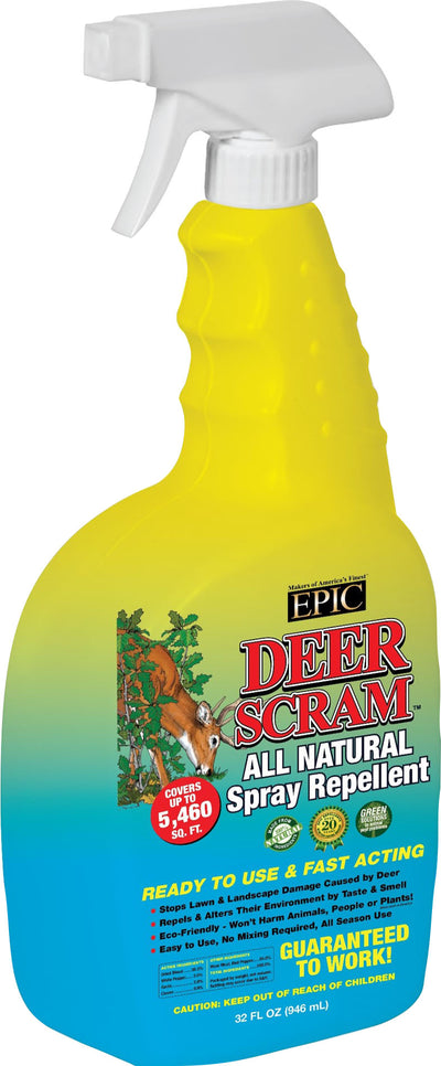 Front view of a yellow and blue spray bottle labeled 'EPIC Deer Scram All Natural Spray Repellent' with 32 fl oz.