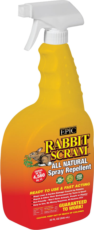 Front view of a yellow and red spray bottle labeled 'Epic Rabbit Scram All Natural Spray Repellent' with 32 fl oz.