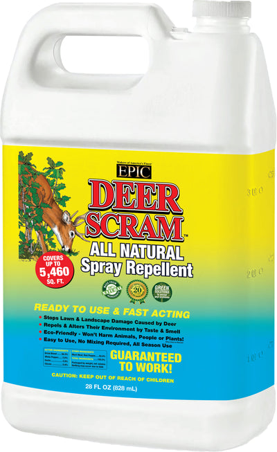 Front view of a white plastic jug with a yellow and blue label for Epic Deer Scram All Natural Spray Repellent, 28 fl oz.
