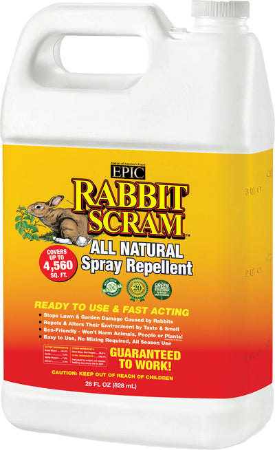 A white plastic jug with a yellow and red label for Epic Rabbit Scram All Natural Spray Repellent, 28 fl oz.