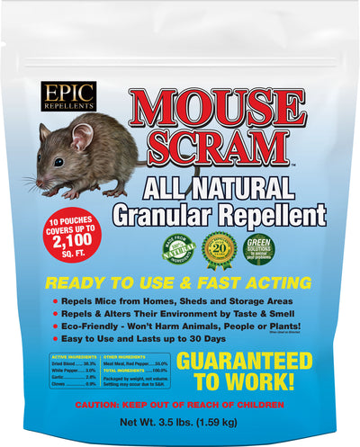 Front view of a blue packaged product labeled 'Mouse Scram All Natural Granular Repellent' with a mouse illustration.