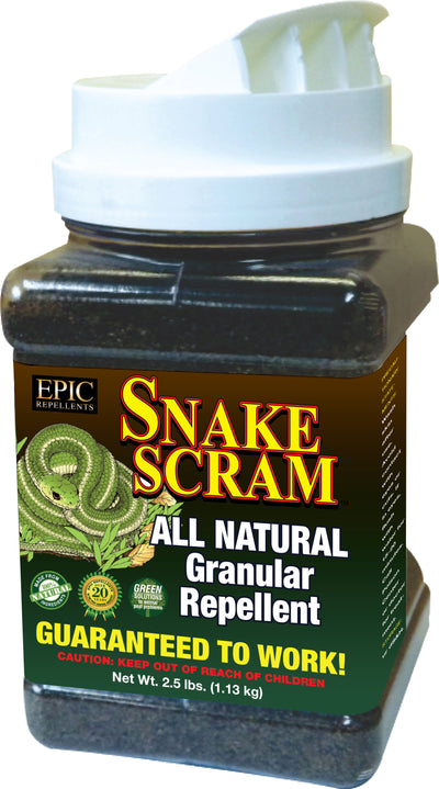 Front view of a brown plastic container with a white shaker lid labeled 'Snake Scram All Natural Granular Repellent' by Epic Repellents.