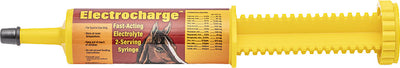 Yellow packaged product: Electrocharge Fast-Acting Electrolyte 2-Serving Syringe with horse image on label