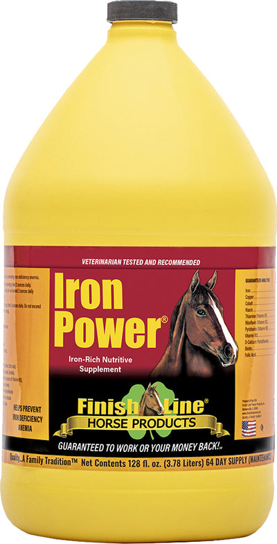 A yellow 1-gallon bottle of Finish Line Iron Power horse supplement with a red label showing a horse image.