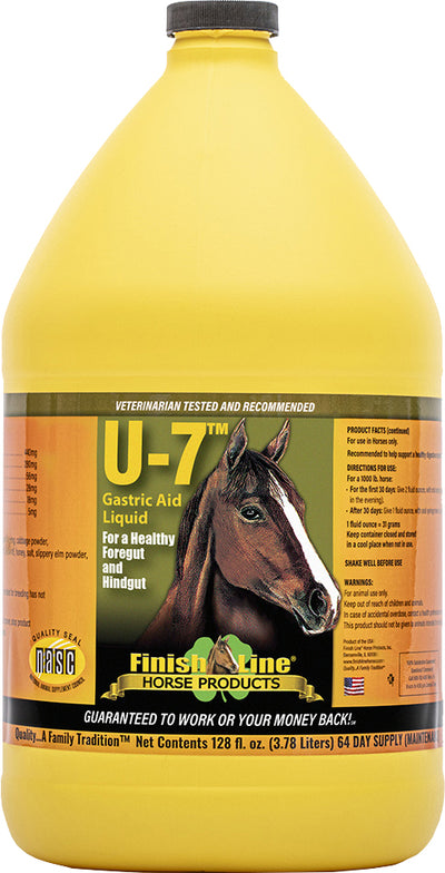 Front view of a yellow Finish Line U-7 Gastric Aid Liquid bottle with a horse image.