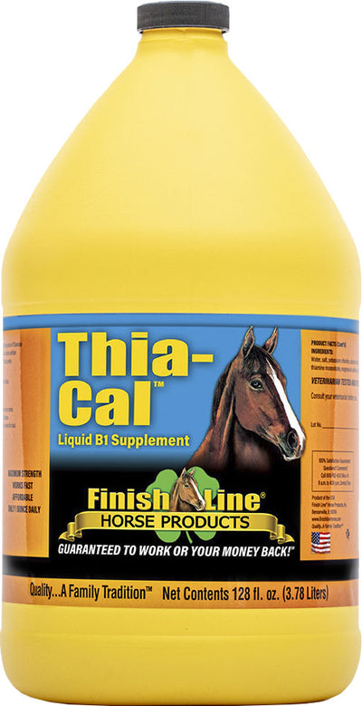 A yellow 128 fl. oz. bottle of Finish Line Thia-Cal Liquid B1 Supplement with a blue label and horse image.