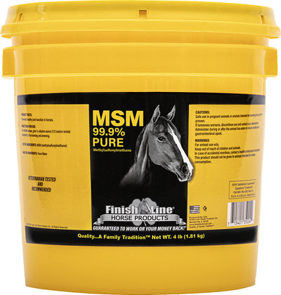 Yellow bucket of Finish Line Horse Products MSM 99.9% Pure Methylsulfonylmethane 4 lb