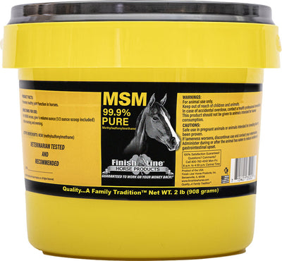 Yellow container of Finish Line MSM horse supplement with black label showing product details and a horse image.