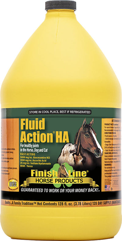 A yellow 128 fl oz bottle of Finish Line Fluid Action HA joint therapy liquid with a green label showing a horse, dog, and cat.