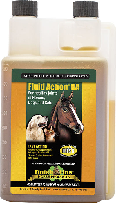 Front view of a 32 oz bottle of Finish Line Fluid Action HA joint therapy liquid, beige with green and yellow label.