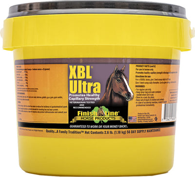 A yellow container of Finish Line XBL Ultra powder with a horse image on the label.