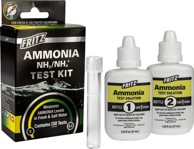 Fritz Ammonia Test Kit packaged product with box, two bottles labeled Bottle 1 and Bottle 2, and a test tube.