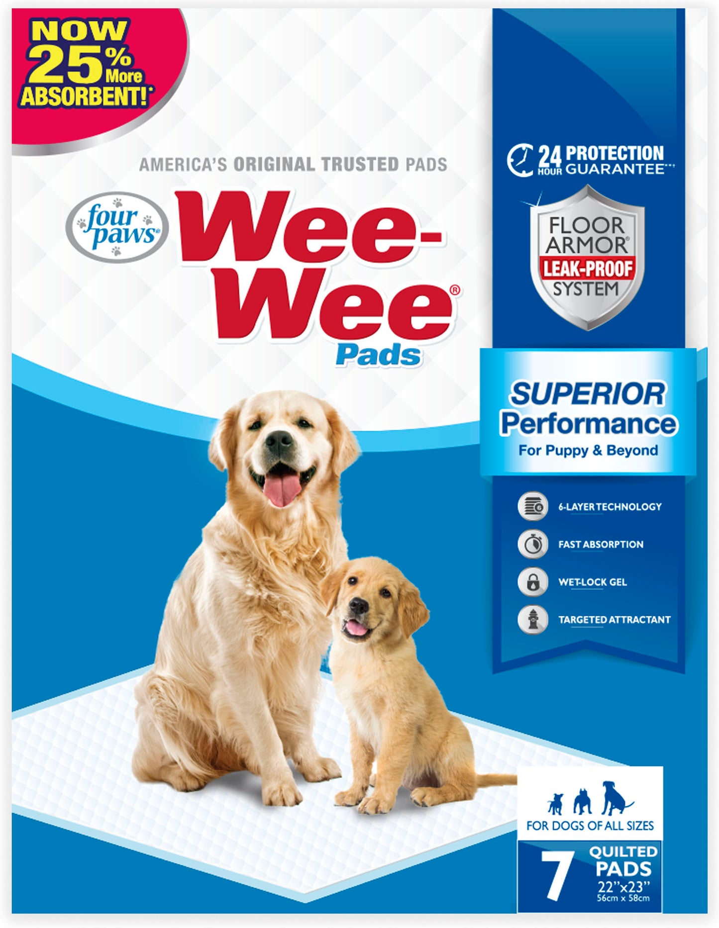 Four Paws Wee-Wee Superior Performance Pee Pads for Dogs of All Sizes, Leak-Proof Floor Protection Dog & Puppy Quilted Potty Training Pads, Unscented, 22" x 23" (7 Count)