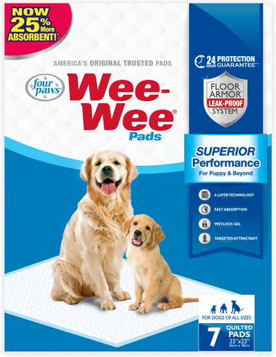 Four Paws Wee-Wee Superior Performance Pee Pads for Dogs of All Sizes, Leak-Proof Floor Protection Dog & Puppy Quilted Potty Training Pads, Unscented, 22" x 23" (7 Count)