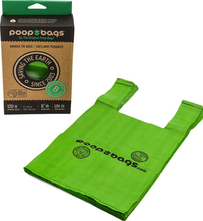 Green packaged product showing a box of 120 biobased handle tie poop bags with 'poop bags' branding and a stack of green bags.