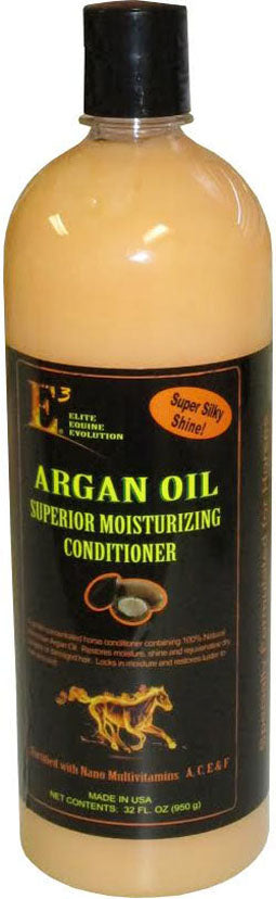 Front view of a black-labeled bottle with beige liquid, labeled E3 Argan Oil Superior Moisturizing Conditioner, 32 fl oz.
