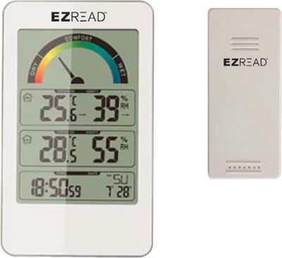 Front view of EZREAD digital wireless thermometer/hygrometer showing temperature and humidity readings.