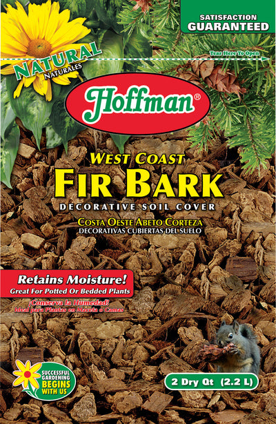 Packaged product: Hoffman West Coast Fir Bark Decorative Soil Cover, 2 Dry Qt (2.2 L) in front view.