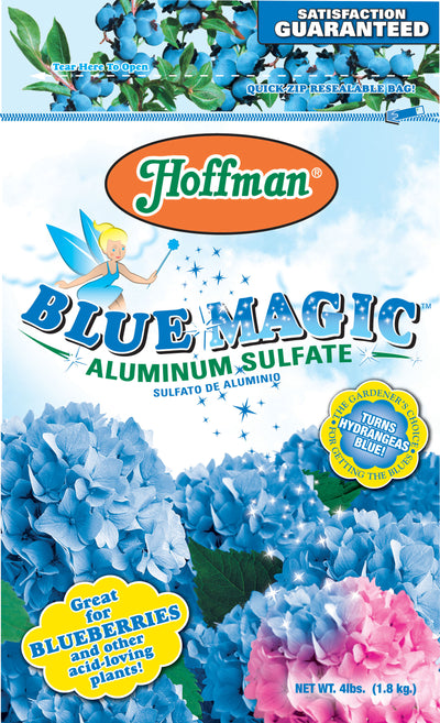 Front view of Hoffman Blue Magic Aluminum Sulfate packaged product with blue hydrangeas and a fairy illustration.