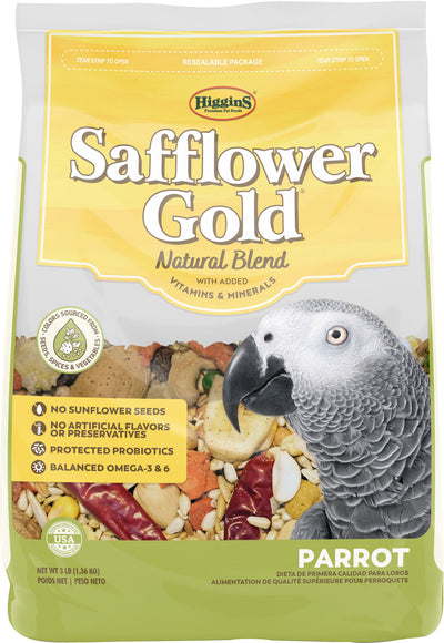 Front view of Higgins Safflower Gold Natural Blend parrot food package, 3 LB, showing a gray parrot and ingredients.