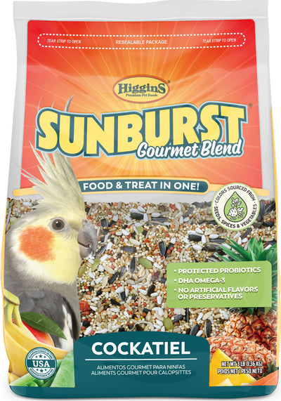 Front view of Higgins Sunburst Gourmet Blend Cockatiel food package, 3 LB size, showing bird and seed mix.