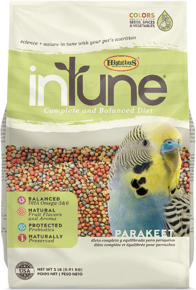 Front view of Higgins Intune Complete and Balanced Diet Parakeet food bag, 2 LB size, showing colorful seed mix and a parakeet.