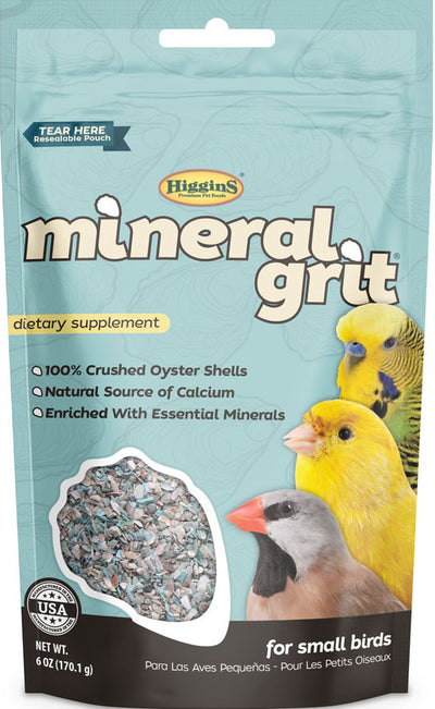 Packaged Higgins mineral grit dietary supplement for small birds, 6 oz, front view.