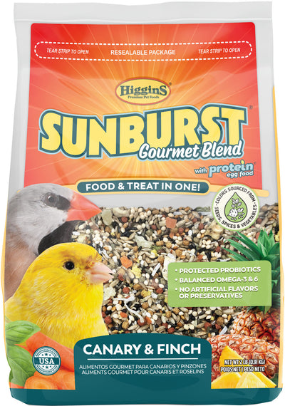 Packaged product: Higgins Sunburst Gourmet Blend Canary & Finch food bag with birds and seeds visible.