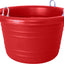 Red plastic feed tub with four metal handles, front view, packaged product