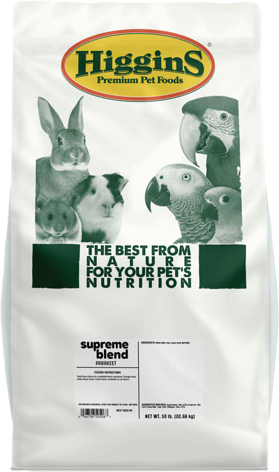 Front view of Higgins Premium Pet Foods Supreme Blend Parakeet 50 lb bag with animal images