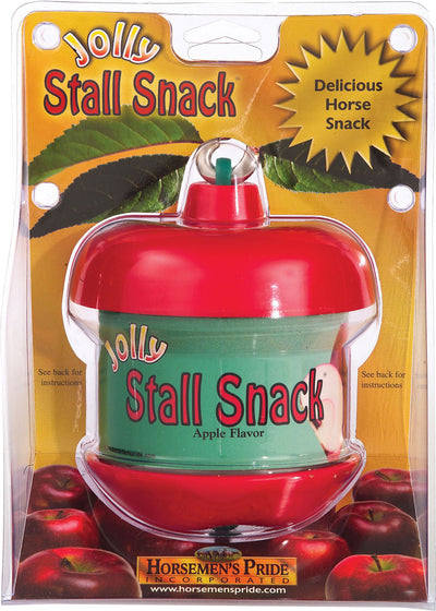 Packaged Jolly Stall Snack Apple Flavor horse treat in red and green container with apple images.