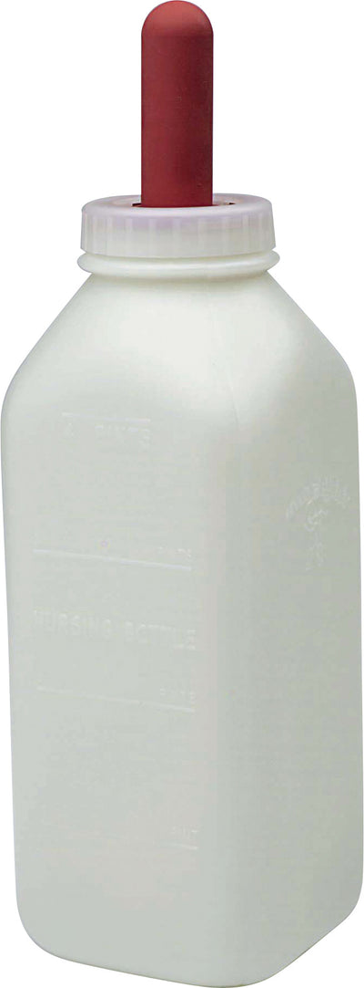 White plastic nursing bottle with red screw-on nipple, front view, packaged product