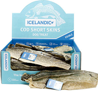 Icelandic+ Cod Short Skins dog treat display box with dried fish strips visible inside and on top.