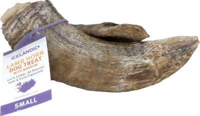 Icelandic+ Lamb Horn Dog Treat with Marrow, small size, packaged product close-up