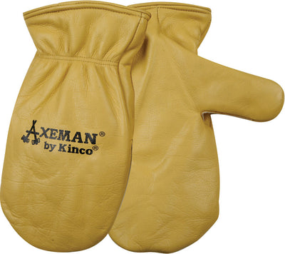 Close-up of tan leather work mitts with "AXEMAN by Kinco" logo on one mitt.