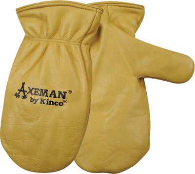 Close-up of tan leather gloves with 'AXEMAN by Kinco' logo on one glove.