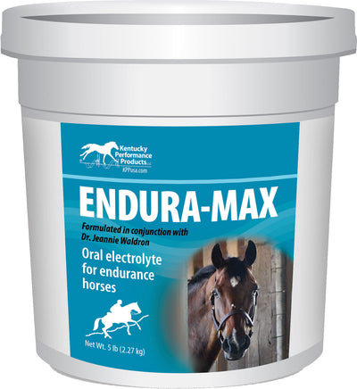 Packaged product: Endura-Max oral electrolyte powder for endurance horses, 5 lb container with blue label and horse image.