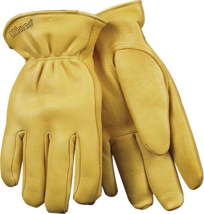 A pair of tan Kinco lined grain deerskin gloves, front view, close-up.
