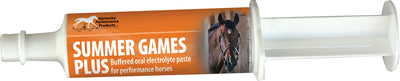 A white syringe-style container with an orange label showing 'Summer Games Plus Buffered oral electrolyte paste for performance horses' and a horse image.