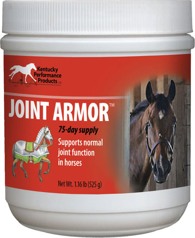 A white container of Kentucky Performance Products Joint Armor, 75-day supply, 1.16 lb (525 g), red label with horse image.