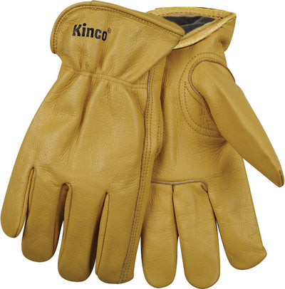Close-up of tan Kinco lined grain cowhide gloves, showing front and back views with brand name visible.