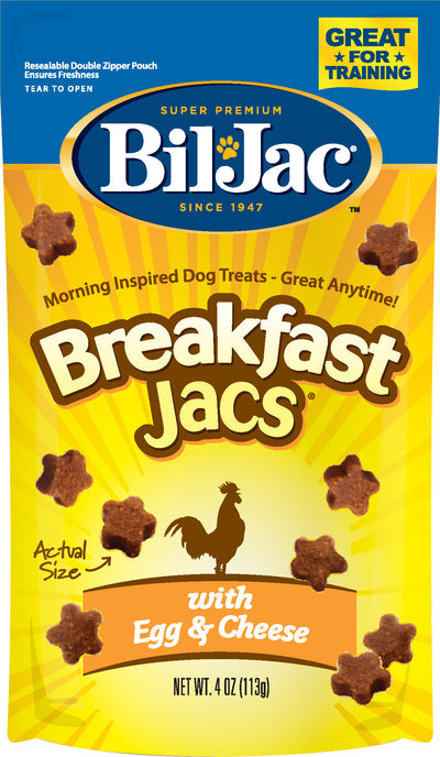 Packaged product: Bil-Jac Breakfast Jacs dog treats with egg & cheese, 4 oz, yellow and blue packaging.