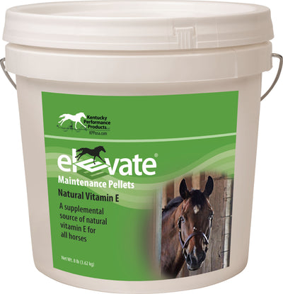 Packaged product: white bucket with green label showing Elevate Maintenance Pellets, 8 lb, featuring a horse image.